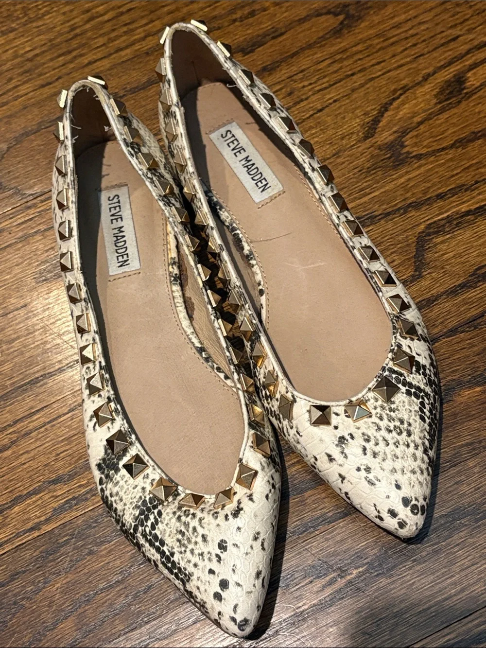 Steve Madden Cream Snake-Print Pointed-Toe Flats with Gold Studs